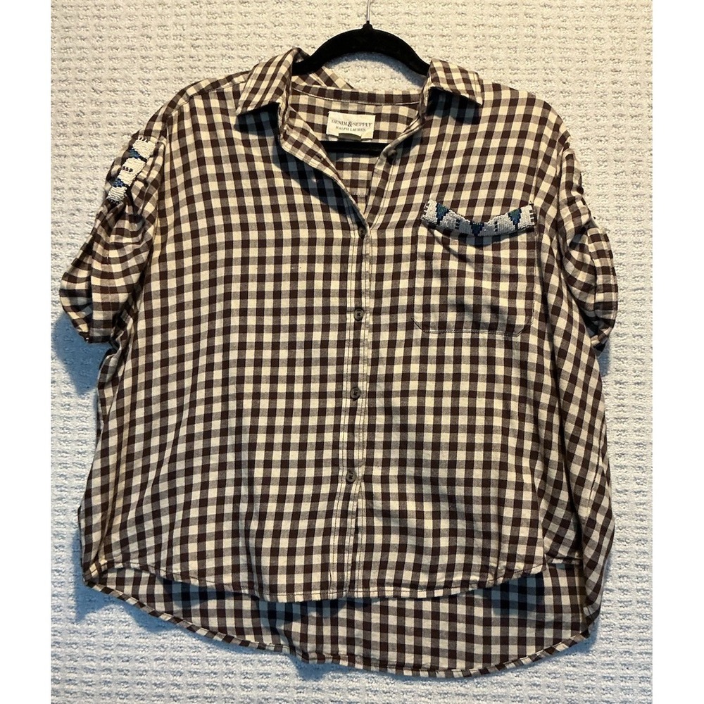 Denim & Supply Women's Brown Cream Gingham Short Sleeve Shirt Beaded Accents S